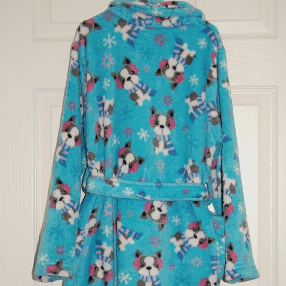 Girls Size 10-12, Blue Plush Comfy Robe, Puppy & Snowflake Print - Picture 4 of 6